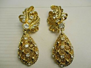 Vintage Jose & Maria Barrera Couture Elegant Gold - Tone Crystal Clip - On Earrings