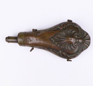 Marked G&j W Hawksley Antique Black Powder Flask Scroll Copper Brass 8 " Ornate