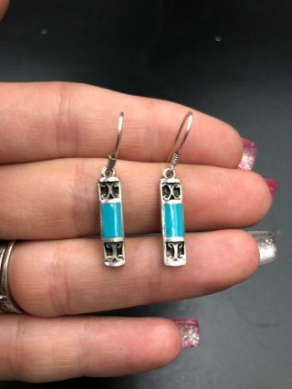 Vintage Sterling Silver Turquoise Inlay Dangle Earrings Pierced 804