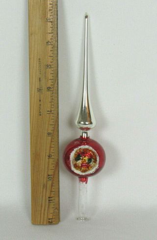 Vtg 1950s 60s West German Glass Christmas Tree Topper 9 1/2 " Tall Silver Red