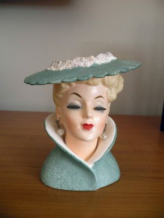 Vtg Napco 1959 Lady Head Vase C3815c Turquoise Clothing Pearl Dangle Earrings