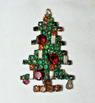 Vintage Weiss Christmas Tree Pin Brooch Geometric Candles Deco Green Rhinestones