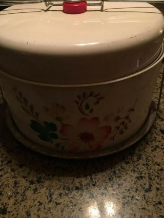 Vintage Mid Century Retro Metal Hand Painted Floral Cake Pie Carrier Taker