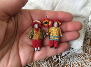 2antique German Bisque Carl Horn Miniature Lilliput Doll Crochet Clothes Parasol