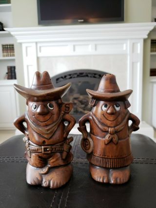 Vintage Wooden Cowboy Salt And Pepper Shakers T.  C.  Made In The Usa