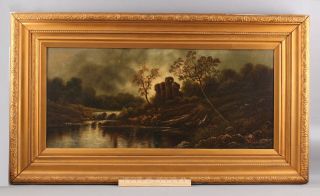 Large Antique 19thc Signed Bucolic Country Sheep Landscape Oil Painting,  Nr