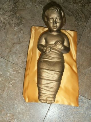 Vintage Poloron Blow Mold Gold Lighted Baby Jesus W/gold Pillow
