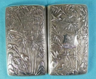 Chinese Sterling Silver Cigarette Case Chased Bamboo Birds Shield Textured C1900