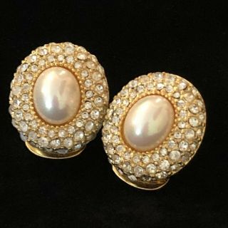 Vintage Signed Christian Dior Rhinestone And Faux Pearl Clip Earrings