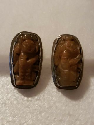Vintage Large Amy Kahn Russell Carved Stone Jade ? Sterling Clip On Earrings