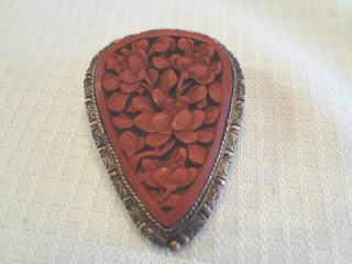 Fabulous Early Vintage Chinese Export Carved Cinnabar Brooch