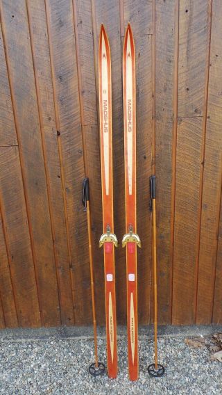 Vintage Hickory Wooden 79 " Skis Has Finish Signed Madshus