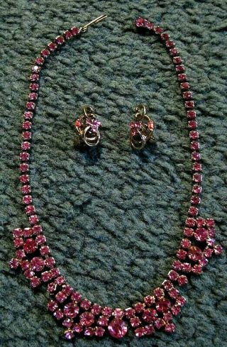 Vintage Hollycraft Pink Rhinestone Necklace With Matching Clip Earrings 1955