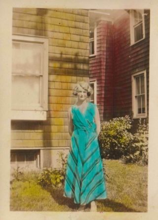A360 - Pretty Lady Hand Tinted Blue Dress - Old/vintage Photo Snapshot