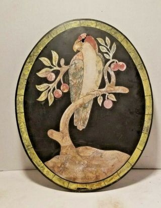 Antique Edwardian Mosaic Style Painting Of A Parrot On An Oval Slate Slab