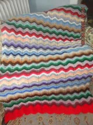 Vintage Crochet Afghan Multi Color Chevron Zig Zag Boho Retro 48” X 74”
