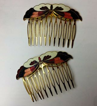 Vintage 1980s Butterfly Cloisonne Hair Combs In Enamel On Goldtone Metal