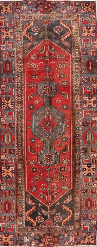 Vintage Geometric Hamadan Hand - Knotted Traditional Oriental Runner Rug 4 