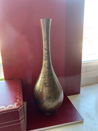 Vintage Bronze Old Japanese Acid Orange Gold Lustre Long Neck Bottle Bulb Vase