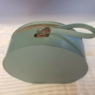 Vintage Round Blue Faux Leather Hat Box Train Case Zippered Suitcase Handle