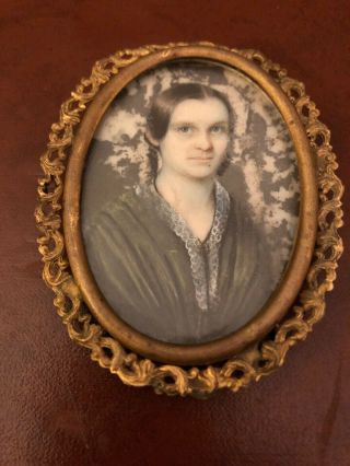 Antique Miniature Portrait Sorrowful Girl In Mourning Clothes Brass Frame