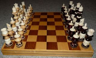Vintage Mexican Carved Bone & Wood Chess Set Complete,  Some Damage