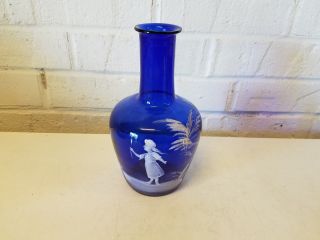 Vintage Mary Gregory Cobalt Blue Glass Vase W/ Girl & Stick 7 1/2 "