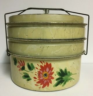Vintage Mid Century Metal 3 Tier Cake,  Pie,  Cookie Carrier Tan,  Floral,  Glass Knob