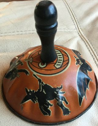 Vintage Tin Litho Halloween Noise Maker Rattle Bell With Wood Handle 1920 