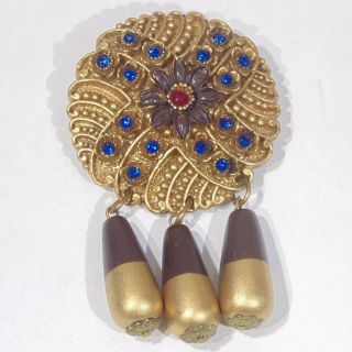 Vintage 1930s Art Deco Ornate Molded Celluloid Gold Color Rhinestone Pin Brooch