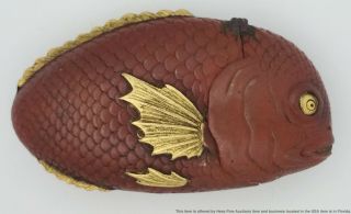 Ultra Rare Antique Japanese Meiji Bronze Gilt Figural Fish Match Safe Matchsafe