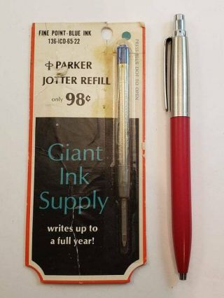 Vintage Parker Red Ballpoint Pen & Nos Jotter Refill Fine Point Blue Ink - Usa