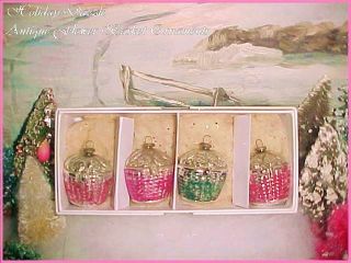 Romantic Antique Vtg Feather Tree Glass Pink Flower Basket Christmas Ornaments