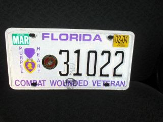 2004 Florida Usmc Purple Heart Combat Wounded Veteran License Plate 31022