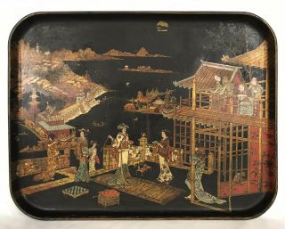 Antique Chinese Japanese Chinoiserie Painted Paper Papier Mache Lacquer Tray