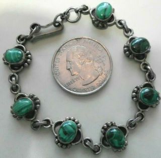 Vintage Sterling Silver Green Malachite Stone Bracelet,  Mexico Hook Closure 7 "