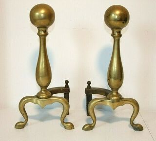Vintage Decorative Brass Andirons,  Firedogs,  Ball Head,  Puritan,  Federal