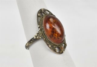 Vintage Art Deco Sterling Silver Ring Orange Amber Stone Flakes Oval Cut Sz 6