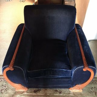 Vintage 1930’s Art Deco Blue Mohair Chair With Carved Wood Trim