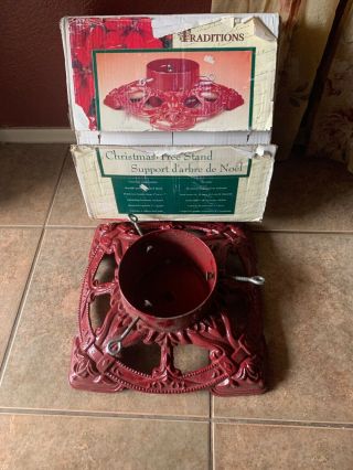 Vtg Large Heavy Red Cast Iron Ornate Christmas Tree Stand 14.  5 " X 14.  5 " 23lbs