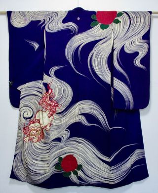 Japanese Kimono Silk Antique Furisode / Rare / Embroidery Komainu /386