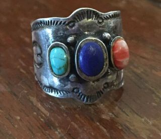 Vintage Navajo 925 Sterling Silver Turquoise Lapis Spiny Oyster Ring Size 4.  5,  7g