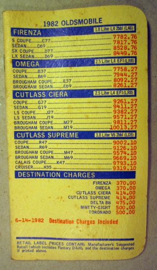 1982 Oldsmobile Price Book Brochure Firenza Omega Cutlass Delta 88 Ninty Eight,