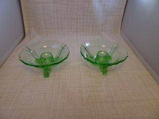 Set Of Two Vintage Round Green Glass 3 Footed Taper Pedestal Candle Holder