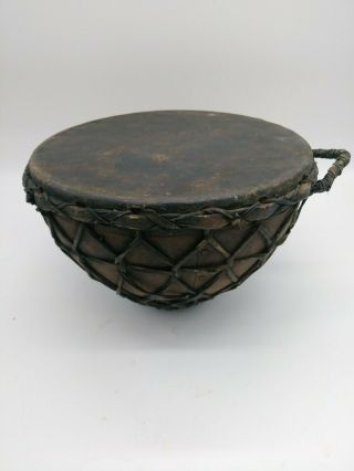 Antique Tribal North African Wedding Drum Rustic Hide Leather And Metal Handmade