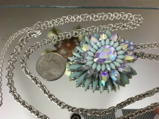 Vintage Costume Jewelry Turquoise Rhinestone Pendant 33 " Silver Tone Necklace