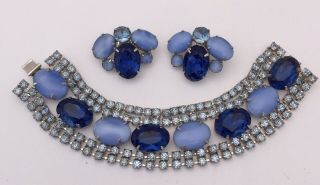 Vintage Jewelry Blue Glass And Rhinestone Bracelet & Earring Set