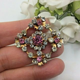 Vintage Jewellery Pink Sapphire & Clear Rhinestone Ornate Gold Tone Brooch Pin