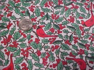 5 Yd Vintage Cotton Fabric Quilt Sew Material Christmas Holly & Cardinals Red