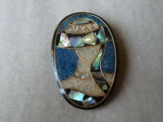 Vintage Jewellery Art Deco Celluloid Plastic Abalone Sell Inlay Lady Brooch